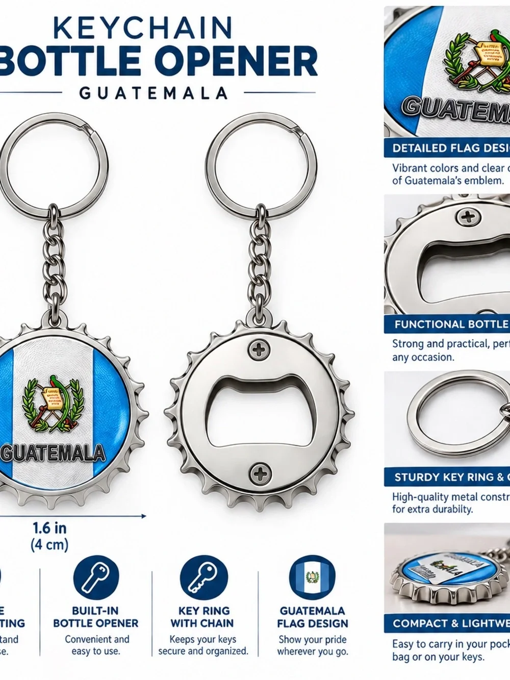 2 pack- Guatemala Flag Bottle Cap Keychain - Silver Keyring (Blue & White)